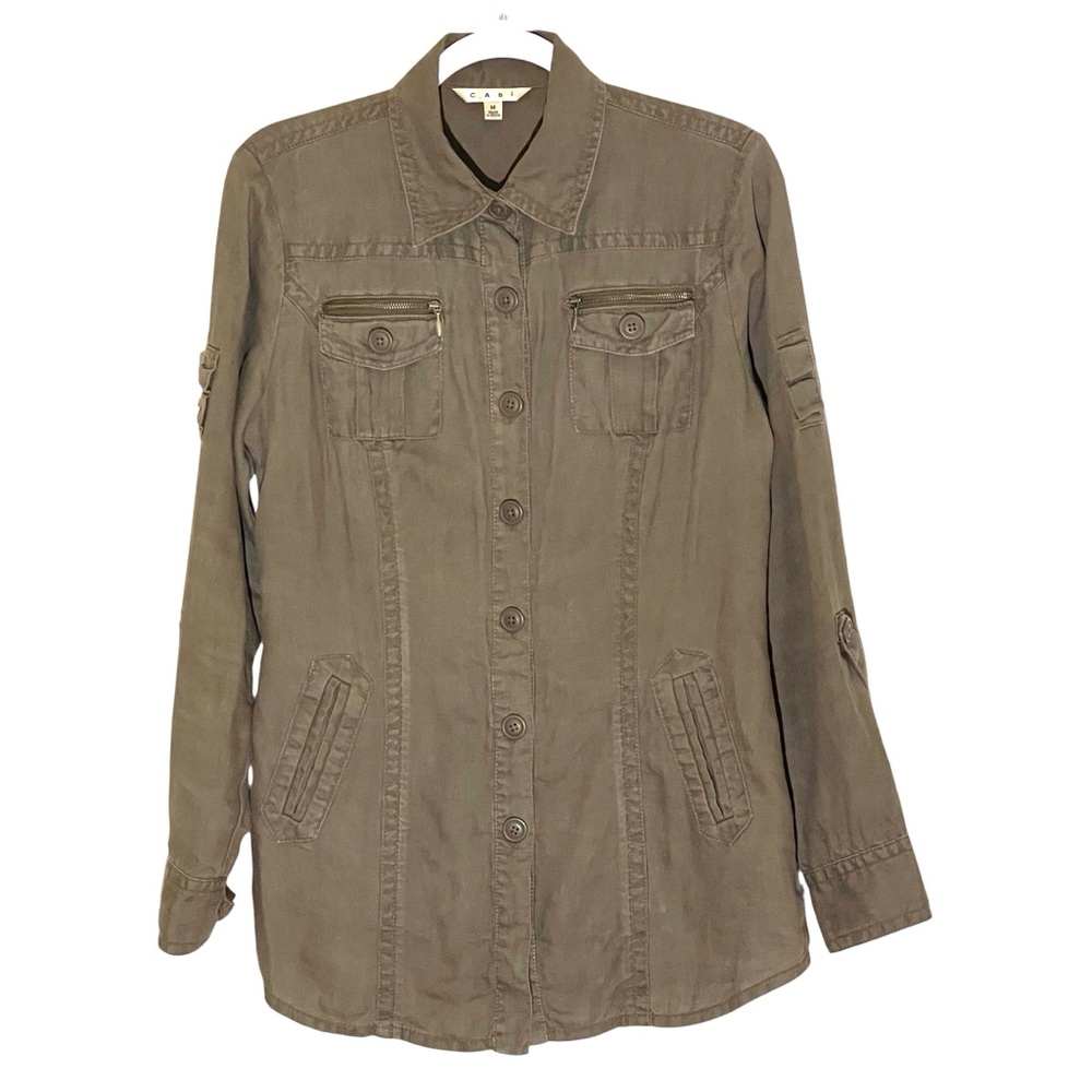 CAbi Brown Sahara Linen Utility Button Shirt/Jacket Pockets Roll Tab Sleeves Med